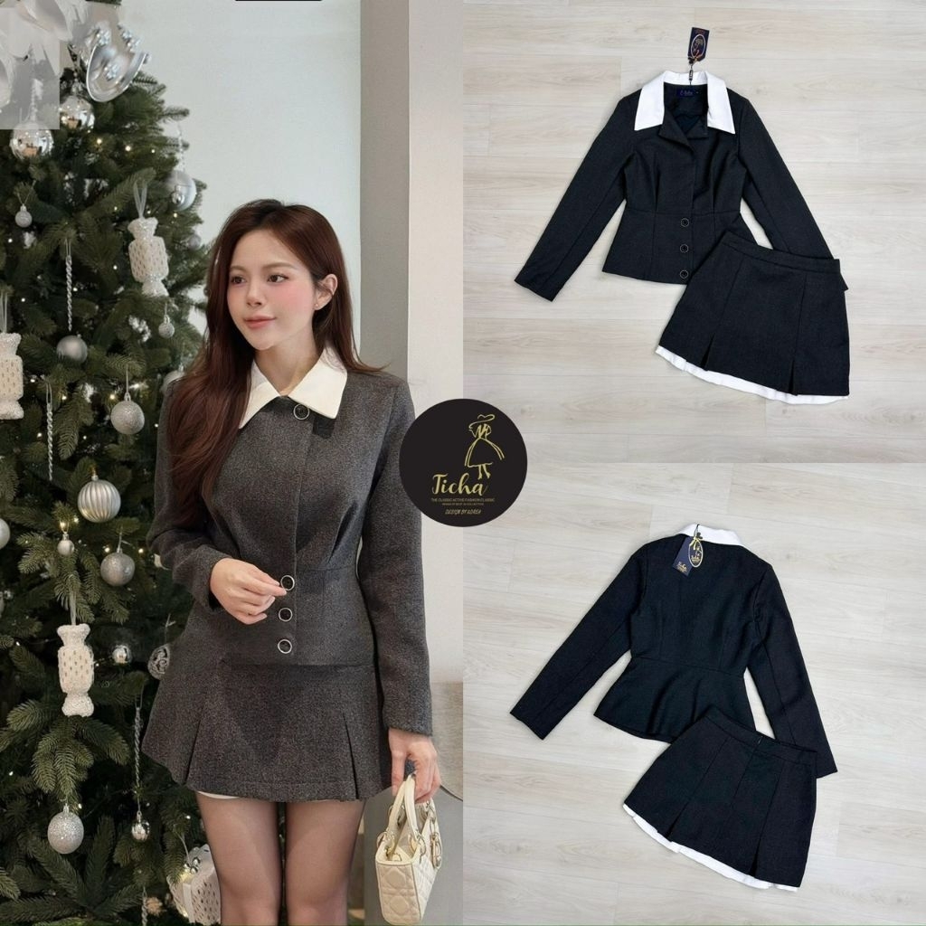 Ticha Set2ชิ้น เสื้อทรงสูทสีดำอมเทาแขนยาว คอแต่งปกขาว แต่งกระดุมด้านหน้าเรียงยาวใช้งานได้จริง