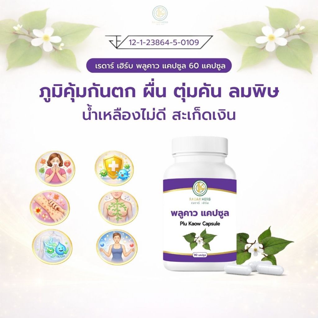 เรดาร์เฮิร์บ พลูคาว แคปซูล 90 แคปซูล Plu Kaow Capsule สมุนไพร ดูแลผิว ภูมิคุ้มกัน ระบบน้ำเหลือง Radar Herb