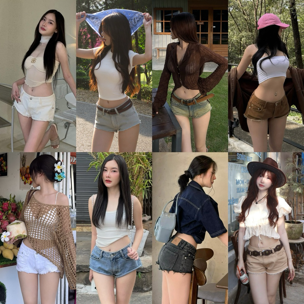 กางเกงยีนส์ขาสั้นเอวกลาง KINNITA