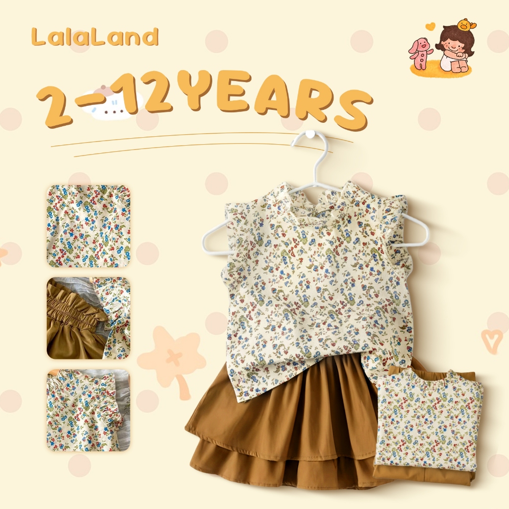 2-12 ปี เสื้อแขนพอง + กระโปรง แฟชั่นลำลอง ลวดลายดอกไม้ เสื้อยืดคอกลมแฟชั่น านุ่มใสสบายฯ กระโปร่งเด็กผู้หญิง