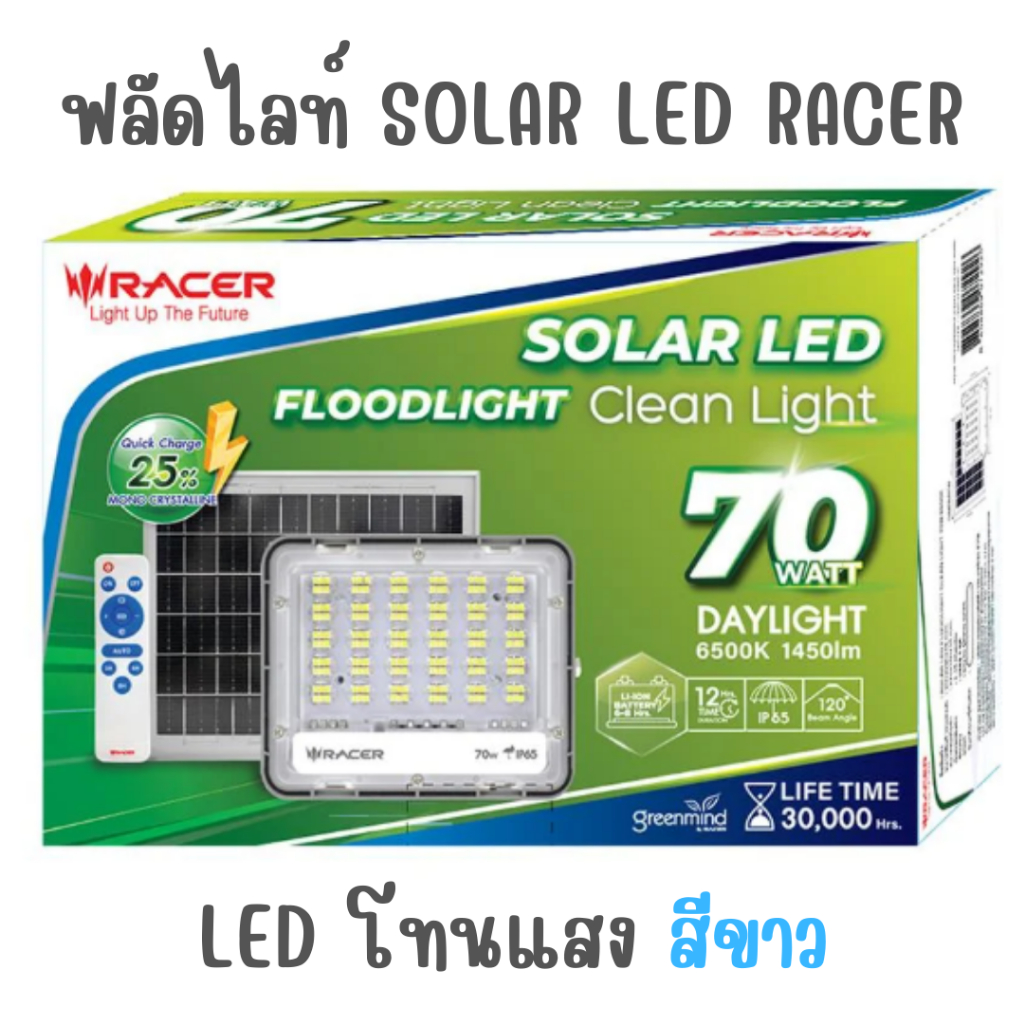 Racer : โคมฟลัดไลท์โซล่าเซลล์  IP65 แสงขาว SOLAR LED FLOODLIGHT CLEAN LIGHT IP65 6500K