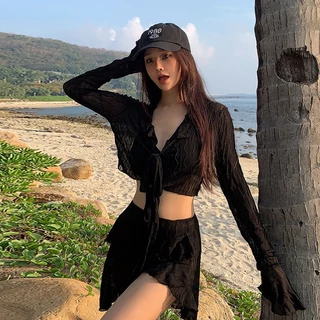 ชุดบิกินี่ 4 ชิ้น เซ็กซี่ แขนยาว แขนระฆัง เอวสูง กระโปรงสั้น ระบายอากาศได้ดี เรียบง่าย ทันสมัย