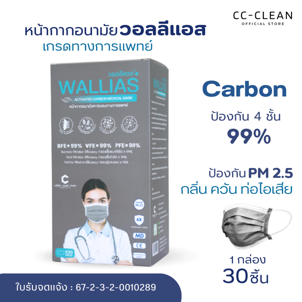 หน้ากากอนามัยทางการแพทย์ Wallias Activated Carbon Medical Mask หนา 4 ชั้น กรองฝุ่น PM2.5ป้องกันสารคัดหลั่งได้ดี มี30ชิ้น