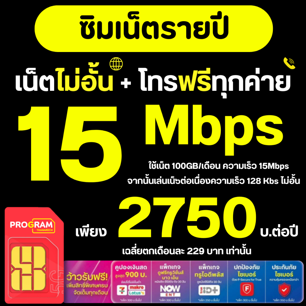 ซิมเน็ตแบบรายปี เน็ตไม่อั้น ไม่ลดสปีด 4Mbps 6Mbps 15Mbps จ่ายครั้งเดียวใช้งานได้ทั้งปี