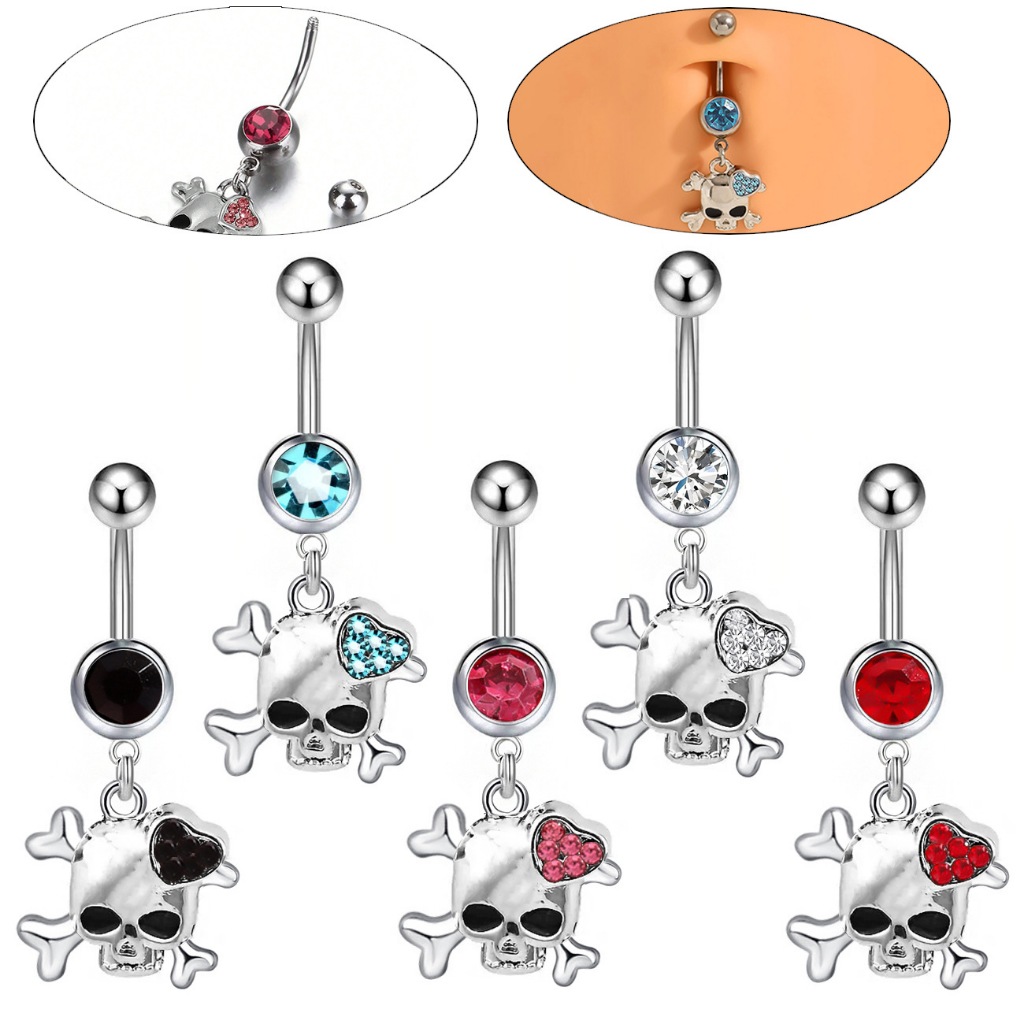 จิวสะดือ รูปกะโหลก Skull Head Diamond Navel Nail Halloween Fashion Body Piercing Jewelry