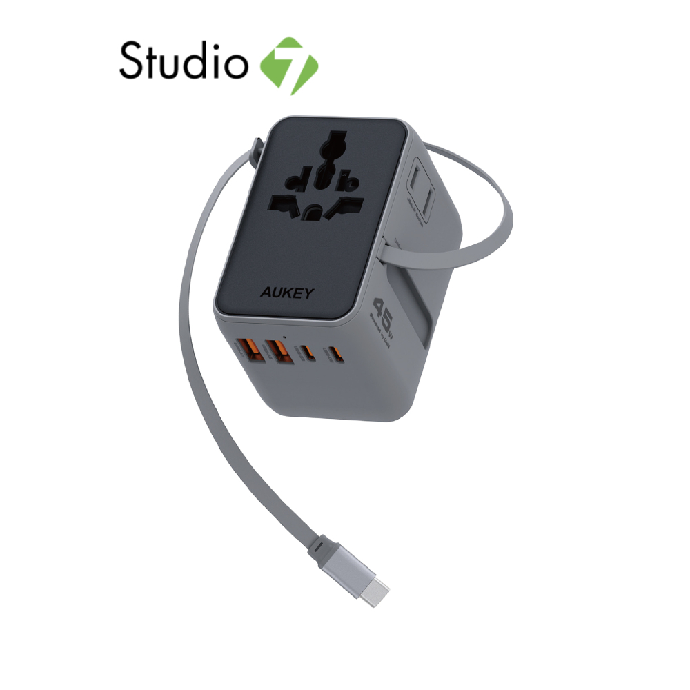 หัวแปลงปลั๊กไฟ AUKEY Globe Reel 45W GaN Universal Adapter with Retractable Cable (PA-TA13) by Studio