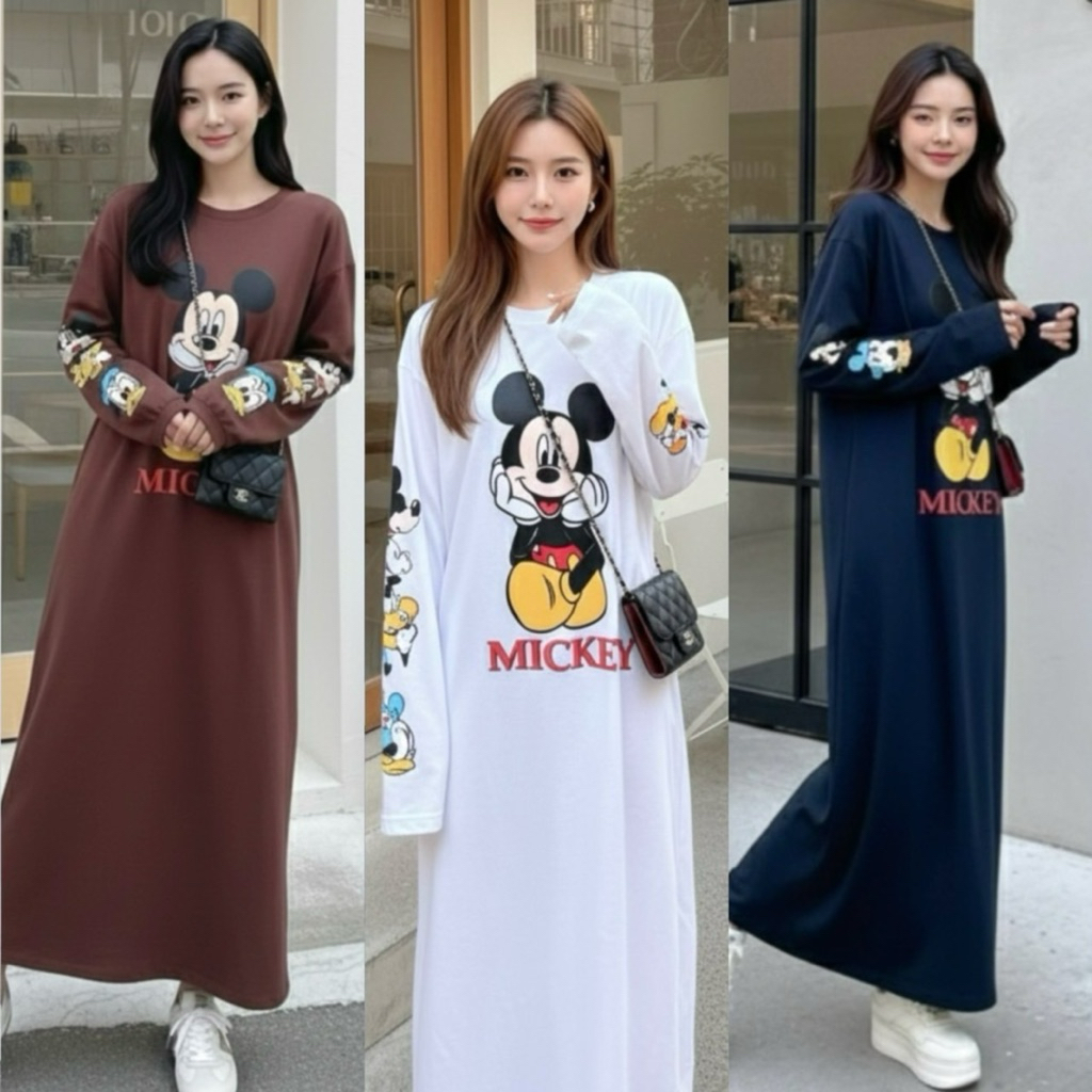เดรสยาวคอกลม แขนยาว ดีเทลผ่าข้างเกร๊ๆ สกรีนลายกลางอกและช่วงแขน