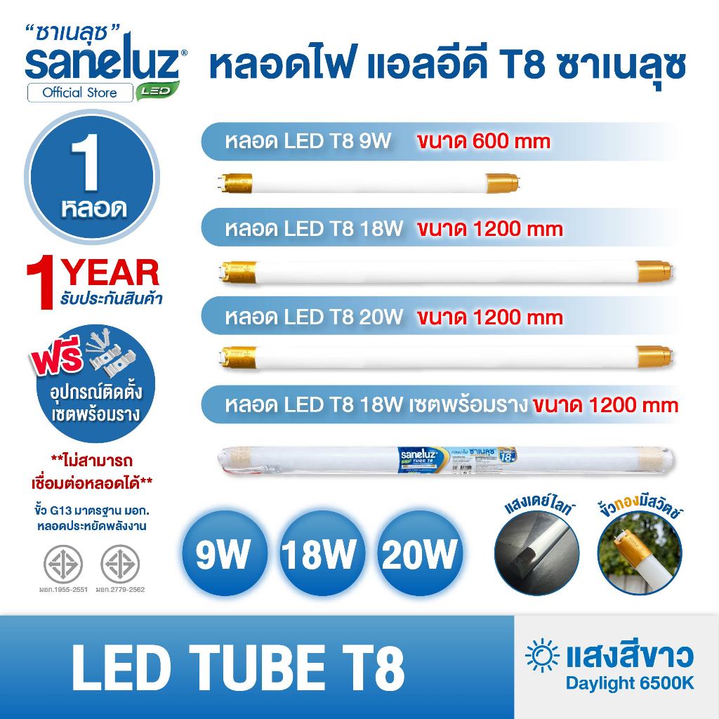 Saneluz หลอดไฟ LED T8 9W/18W/20W แสงขาว 6500K หลอดนีออน LED ประหยัดไฟ มีทั้งหลอดเปล่า และพร้อมราง พร้อมส่ง