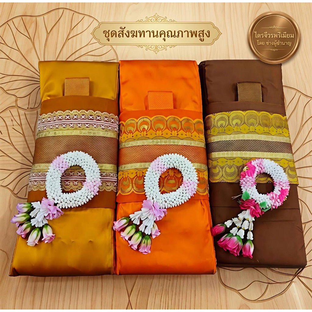 ไตรเต็ม ไตรครอง 5ขันธ์ (7ชิ้น) ผ้าโทเร พรีเมียม พร้อมผูกโบว์