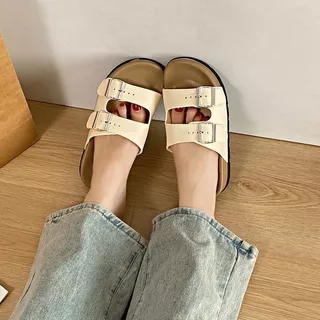 Double Buckle Boken รองเท้าแตะ Anti Slip สวมด้านนอกแฟชั่นหนึ่งร้อยรองเท้าแตะ