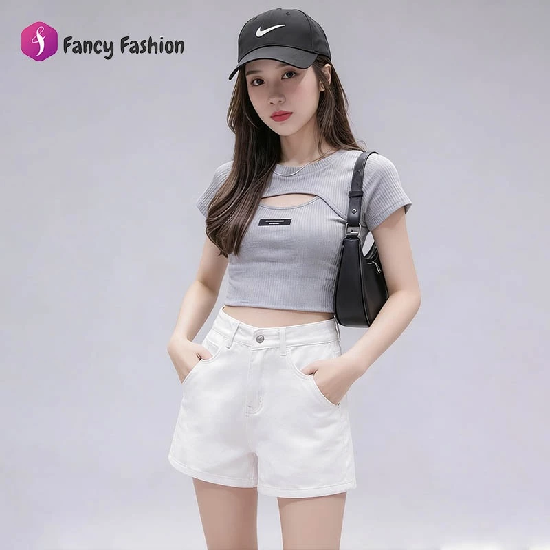 Fancy Fashion กางเกงยีนส์ขาสั้นสีขาว เอวสูงคุมทรง ผ้าดีใส่สบาย ผสมผสานง่าย S-2XL
