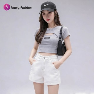 Fancy Fashion กางเกงยีนส์ขาสั้นสีขาว เอวสูงคุมทรง ผ้าดีใส่สบาย ผสมผสานง่าย S-2XL