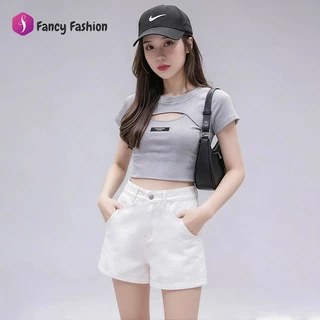 Fancy Fashion กางเกงยีนส์ขาสั้นสีขาว เอวสูงคุมทรง ผ้าดีใส่สบาย ผสมผสานง่าย S-2XL