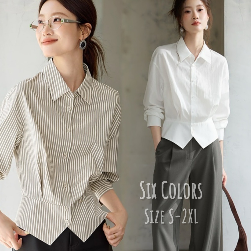 Dodeเสื้อเชิ้ตแขนยาวสีพื้นสไตล์ฝรั่งเศสสำหรับผู้หญิงตัวนี้มีทรงเข้ารูปช่วงเอวและปกคอพับลง ทำให้เหมาะสำหรับฤดูใบไม้99260