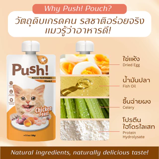 Push! อาหารแมว ซองบีบ [6/12/24 ซอง] 🔵 ไก่+น้ำซุป Complete Balance 100g เนื้อมูสนุ่ม ไม่เติมเกลือ