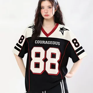 เสื้อทรงสเก็ตผู้หญิง oversize เสื้อผ้าสาวอวบคนอ้วนไซส์ใหญ่ เสื้อโอเวอร์ไซส์บาสเท่ๆ วินเทจ กีฬาลําลองทรงหลวมสไตล์เกาหลี