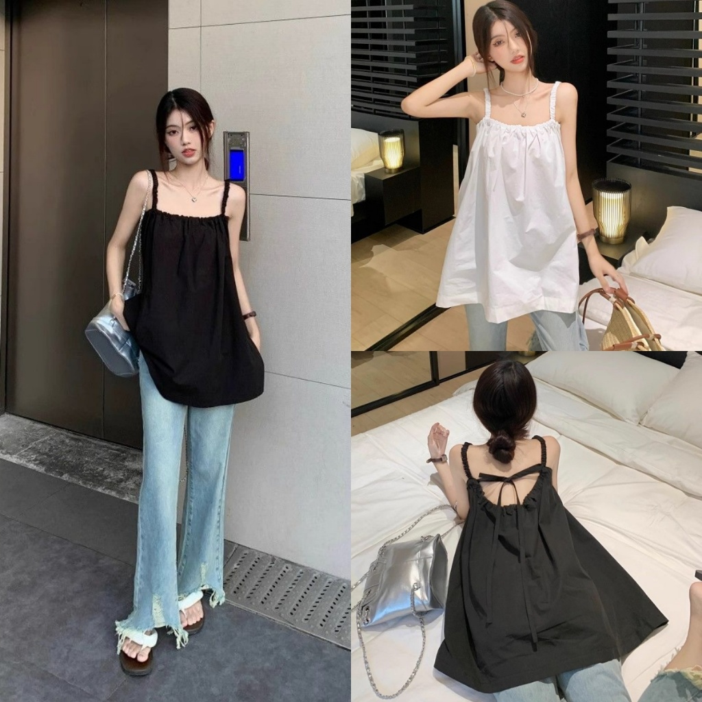 เสื้อแขนกุดสไตล์เกาหลี, หลังเจาะ, สีเรียบ, คอลเลกชันฤดูร้อนใหม่, ดีไซน์เรียบง่าย