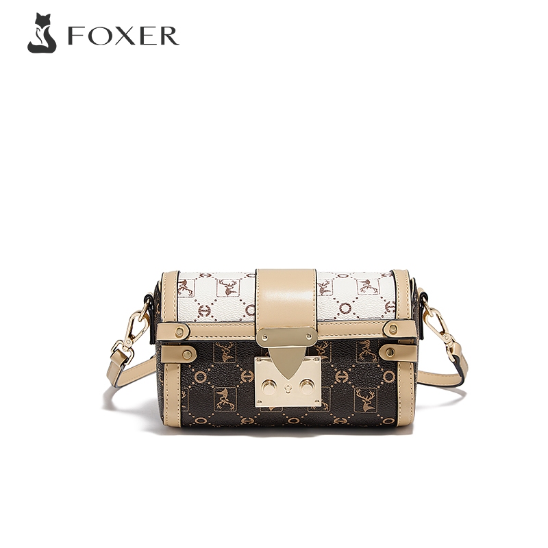 FOXER กระเป๋าทรงกระบอกขนาดเล็ก ดีไซน์ลายปะติดปะต่อและตัวล็อค เหมาะสำหรับใช้ในชีวิตประจำวัน