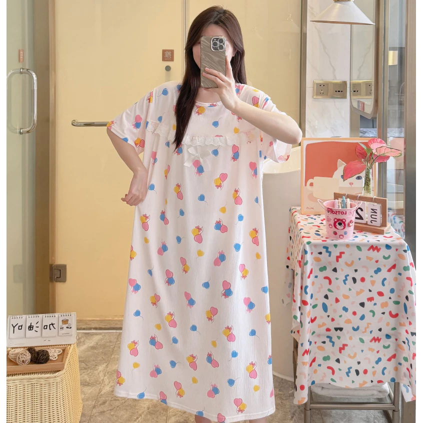800 Mmeimei ชุดนอนกระโปรงสาวอวบ ผ้ายืด ทิ้งตัว **ไม่มีฟองน้ำ** ลายน่ารักๆ (สินค้าพร้อมส่ง)