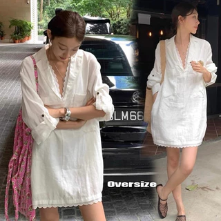Dahong w520 เสื้อเชิ้ตยาวเกาหลี เรียบๆ oversize แขนยาวสีพื้น ผ้าลินินบุซับ คอวีแซมลูกไม้ ชายลูกไม้ มีกระเป๋า