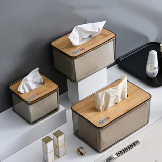 Aimilo กล่องใส่ทิชชูพลาสติกใส ฝาไม้ กล่องใส่ทิชชู่มินิมอล กล่องสำหรับใส่ทิชชู่ รุ่นใส ฝาไม้มินิมอล