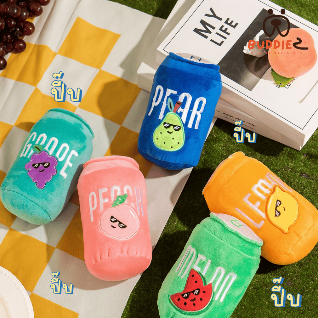 Buddiez ตุ๊กตากระป๋อง น้ำผลไม้ มีเสียงบี๊บ ของเล่นน้องหมา ขนาดกำลังพอดีสำหรับน้องหมาทุกสายพันธุ์