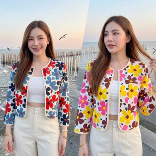 เสื้อคลุมผ้าฝ้ายพิมพ์ลาย คอกลม แขนสี่ส่วน ไม่อัดกาว