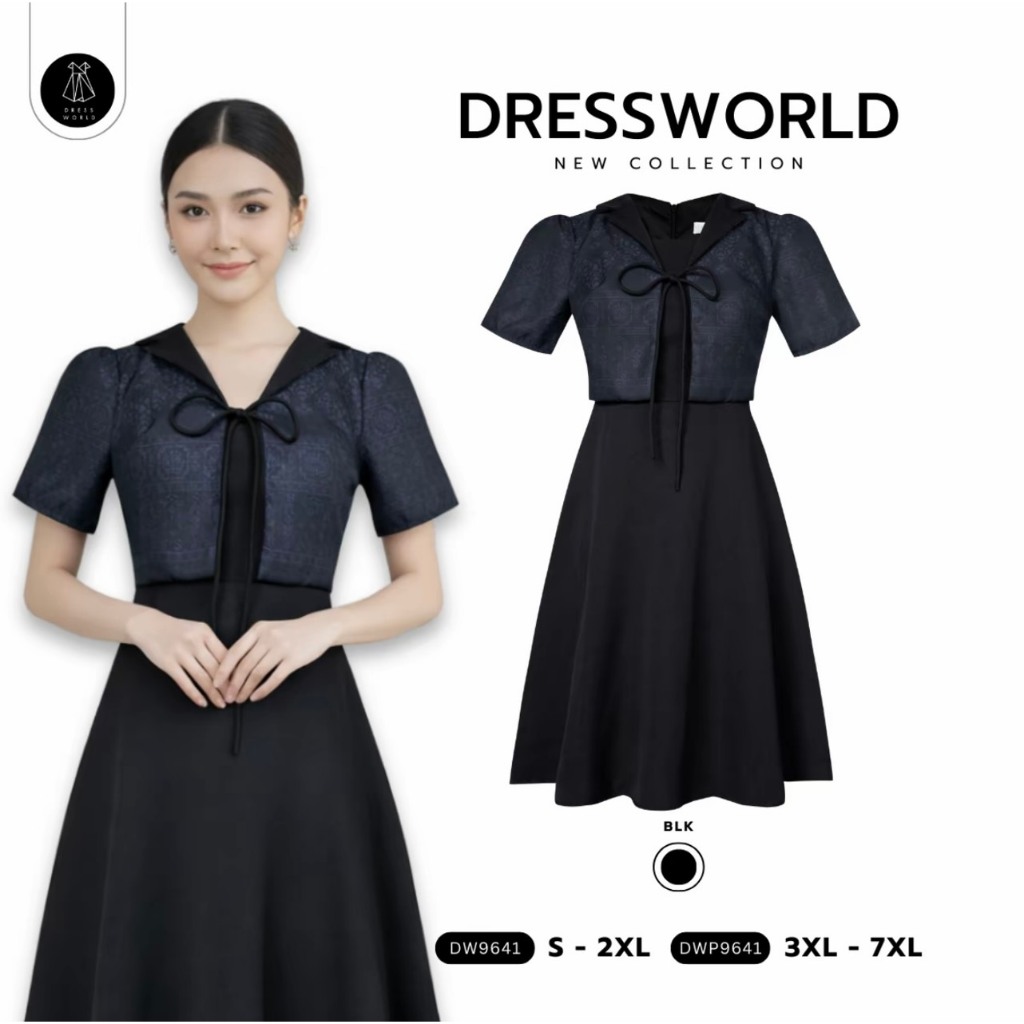 {S-7XL} 9641 งานป้าย Dress World เดรสสั้นทรงบานสีดำ คอปกหยัก แต่งกั๊กลายไทย เดรสทำงาน