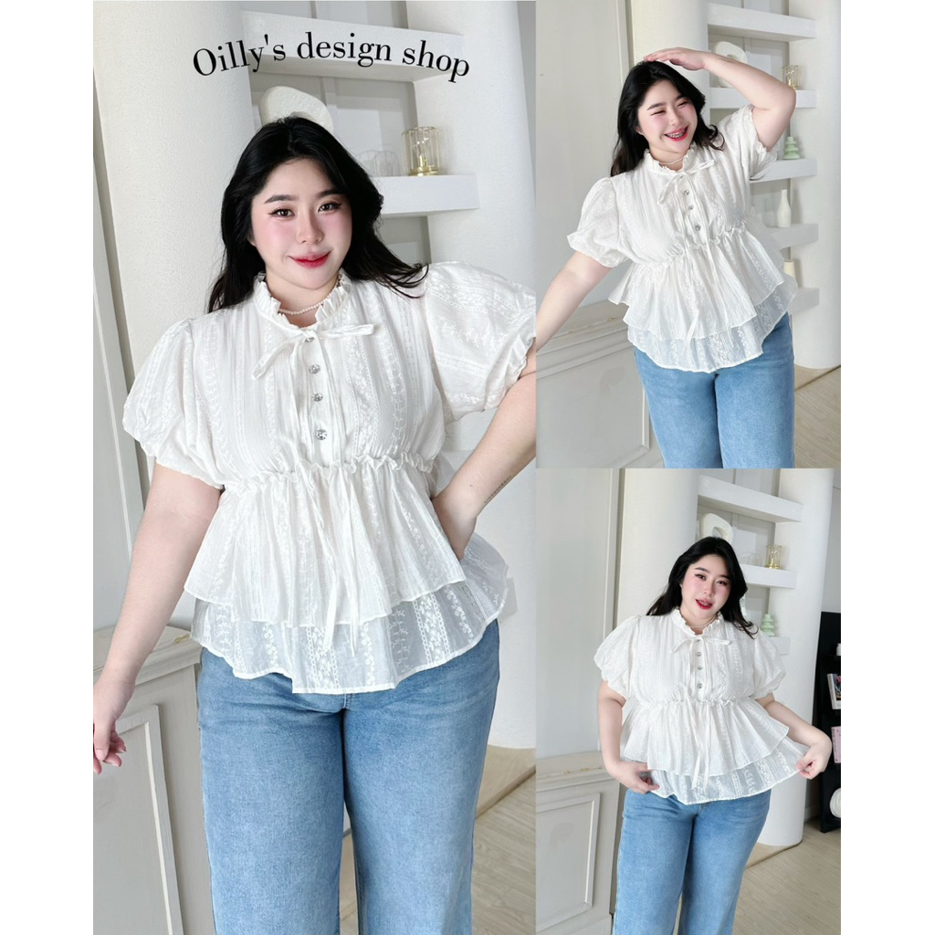B10 เสื้อคอระบาย แขนบอลลูน สำหรับสาวอวบ อก 40-50 lanastore