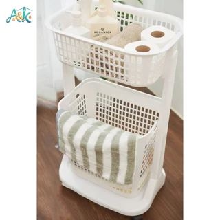 A&k family shop ตะกร้าผ้ามีล้อลาก 2 ชั้น สีขาว ตะกร้า