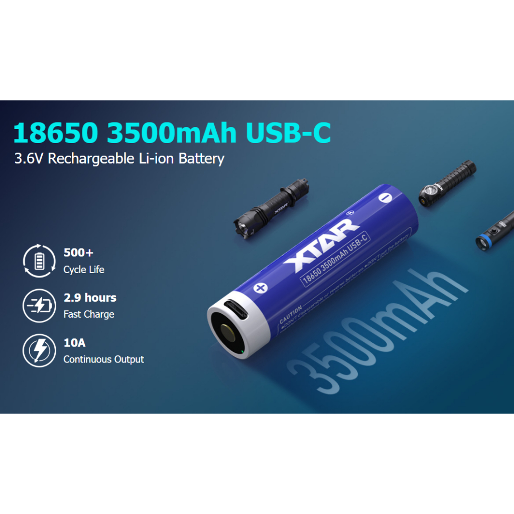 แบตเตอรี่ Lion XTAR 18650 3500 mAh USB Type C  3.60 V 12.6 Wh 10A  มีวงจรปลอดภัย Panasonic Core Cell