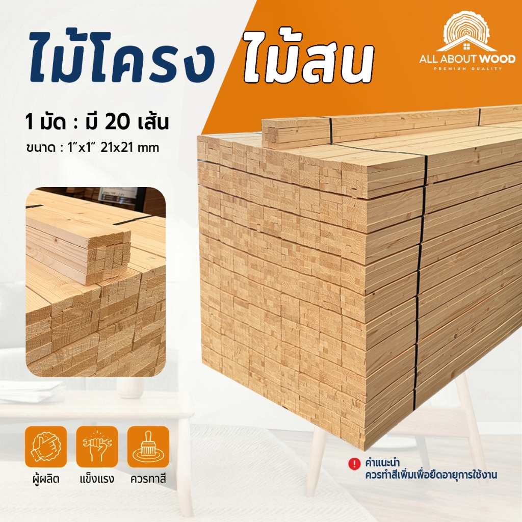 ไม้โครง ไม้สน ขนาด 1" x 1" (21 x 21 mm.) ยาว 1 เมตร งานไม้แท้ 1 มัด 20 เส้น | All About Wood