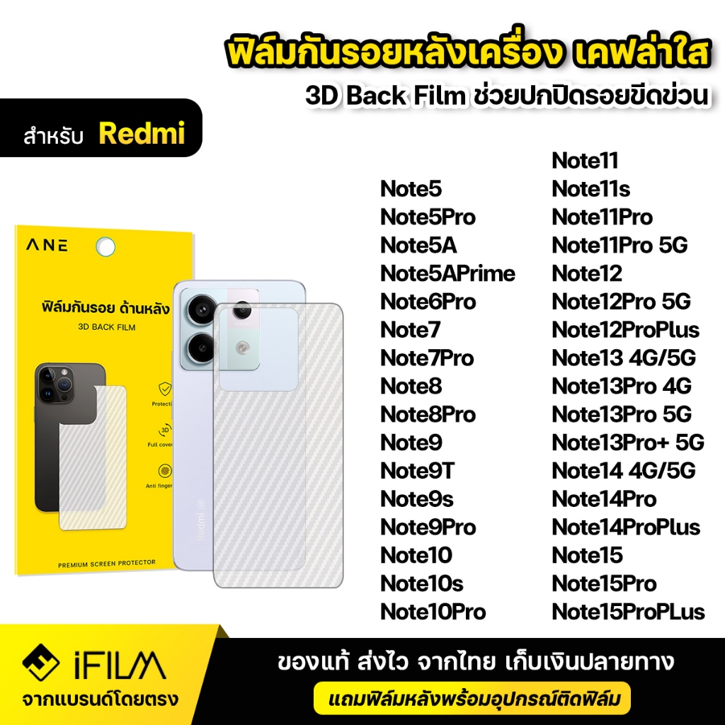 ฟิล์มหลัง เคฟล่า ใส For Redmi 9 10 10s 10Pro Note11 11s 11Pro Note12 Note13 Pro Plus Note 14 Note15 Pro Plus ฟิล์มกันรอย