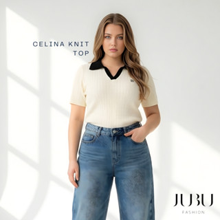 Celina Knit Top เสื้อไหมพรมคอปกแขนสั้น คอวี ลายถักเกลียว สาว…