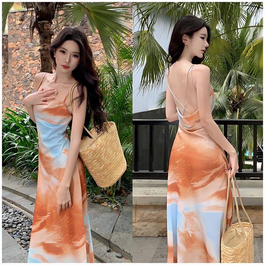 เดรสคล้องคอ ลายดอกไม้ สีแดง เกาะอก ไปทะเล เจ้าหญิง ออกงานสาวอวบ เปิดหลัง ชุดราตรีชุดเดรสยาว