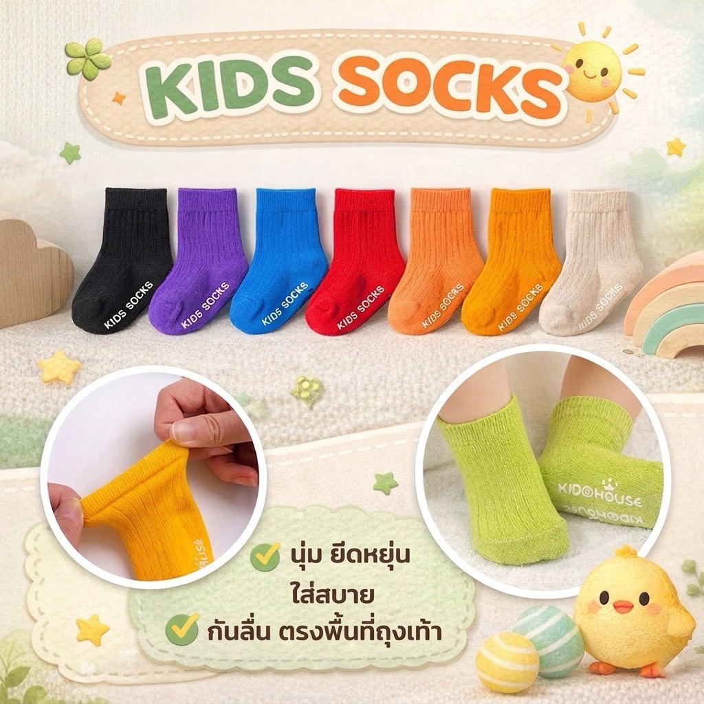 ถุงเท้าเด็กแรกเกิด–5ปี สีพื้น กันลื่น นุ่ม ไม่รัดเท้า