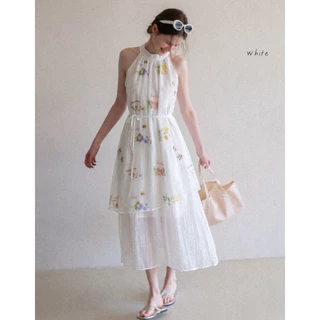 Iris dress เดรสยาวแขนกุดทรงปล่อย มีโบว์ผูกหลังคอ ผ้าเวลปัก มีซับใน (มีเชือกผูกเอว แยกชิ้น)