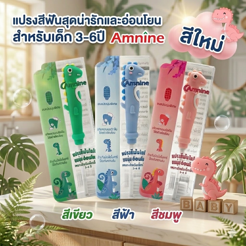 แปรงสีฟันเด็ก แอมนาย ไดโน 3-6ปี แปรงสีฟันรูปไดโนเสาร์ ขนแปรงนุ่มพิเศษ 2 ด้าน