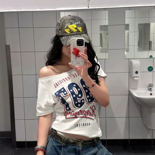 KKS✨พร้อมส่ง✨เสื้อปาดไหล่ผู้หญิง แขนสั้น ทรงหลวม สตรีทแฟชั่น ผ้าคอตตอนนุ่ม