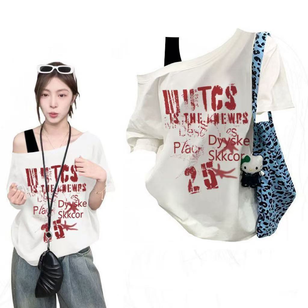 KKS✨พร้อมส่ง✨เสื้อยืดแขนสั้น ปาดไหล่ ทรงหลวม เนื้อผ้านิ่ม ผ้าคอตตอนใส่สบาย สาวอวบใส่สวย