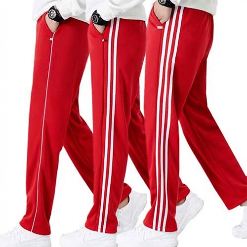 พร้อมส่ง ชุดวอร์ม (เสื้อ+กางเกง) แดงสด แต่ง3แถบขาว