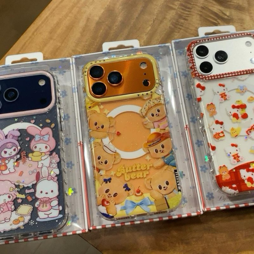 เคสอะครีลิคใสสกรีนลาย มีที่ชาร์จไรสาย ขอบนิ่มหลังแข็ง งานเงา ขอบหัวใจใส ปุ่ม Camera control ปิด