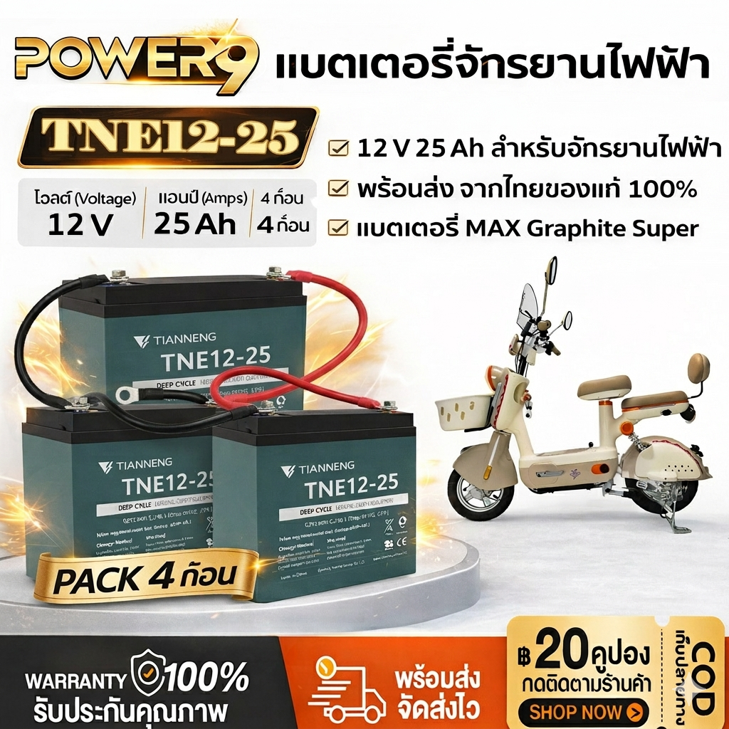 TIANNENG แบตเตอรี่  12V25Ah TNE12-25 6-DZFแบตเตอรี่ AGM GEL Deep Cycle สำหรับรถสามล้อไฟฟ้า สายเชื่อมต่อแบตเตอรี่
