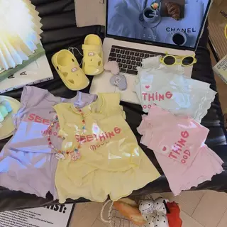 SEE04 ชุดเด็กซัมเมอร์ใหม่ สุดเทรนด์! เสื้อแขนกุด + กางเกงขาสั้น พิมพ์ลายหัวใจ + ตัวอักษร ผ้าบางเย็น