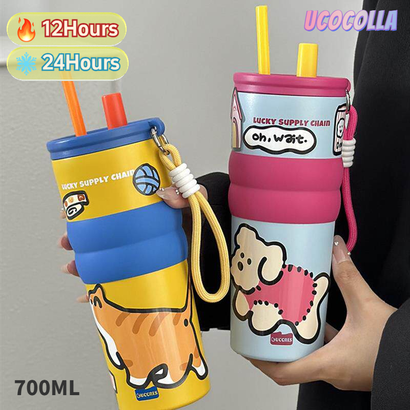UCOCOLLA สติ๊กเกอร์ฟรี แก้วเก็บความเย็น ถ้วยน้ำแข็งสแตนเลสเซรามิก เก็บได้ทั้งความร้อน700ML พร้อมหลอด