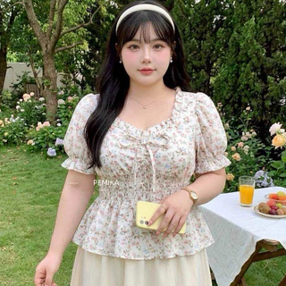 P20 🌼 [S-XXXXXL] เสื้อสาวอวบ ลายดอกไม้น่ารัก ทรงPeplum สวย ใส่สบาย แต่งโบว์หน้า มีสม็อคเอวยืด รอบอกใหญ่พิเศษ 32-60 นิ้ว
