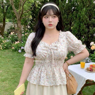 P20 🌼 [S-XXXXXL] เสื้อสาวอวบ ลายดอกไม้น่ารัก ทรงPeplum สวย ใส่สบาย แต่งโบว์หน้า มีสม็อคเอวยืด รอบอกใหญ่พิเศษ 32-60 นิ้ว