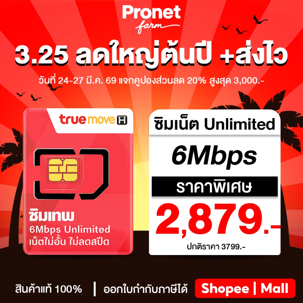 TRUE ซิมเทพ 6Mbps ซิมรายปี เน็ตไม่อั้น+โทรฟรีทรู นาน 1 ปี ซิมเน็ต Unlimited ซิมทรู ซิมเทพ Pronetfarm