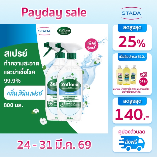 (แพ็คคู่)Zoflora สเปรย์น้ำยาฆ่าเชื้อ แอนตี้ไวรัสและแบคทีเรีย เซอร์เฟสคลีนเนอร์ กลิ่นลินิน เฟรช 800มล