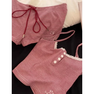 ชุดนอนเซ็ต 2 ชิ้น ลายทางสีแดง-ขาว สไตล์ Coquette แต่งลูกไม้สุดคิ้วท์✨ Pajama Set | Black Cherry